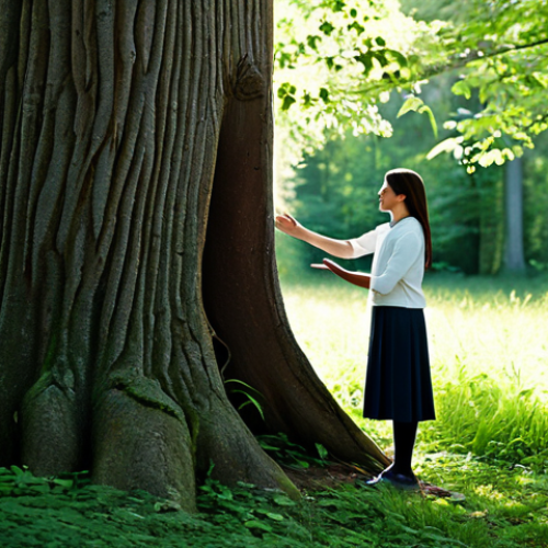Home 19 A serene individual, fully clothed in modest, comfortable outdoor attire, gently touches an ancient tree trunk in a tranquil, sun-dappled forest. Soft light filters through the lush canopy, creating a peaceful and introspective atmosphere. The scene emphasizes a deep connection with nature, embodying calm and well-being. safe for work, appropriate content, fully clothed, family-friendly, perfect anatomy, correct proportions, natural pose, well-formed hands, proper finger count, natural body proportions, professional photography, high quality, natural lighting.