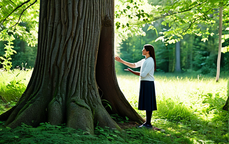 A serene individual, fully clothed in modest, comfortable outdoor attire, gently touches an ancient tree trunk in a tranquil, sun-dappled forest. Soft light filters through the lush canopy, creating a peaceful and introspective atmosphere. The scene emphasizes a deep connection with nature, embodying calm and well-being. safe for work, appropriate content, fully clothed, family-friendly, perfect anatomy, correct proportions, natural pose, well-formed hands, proper finger count, natural body proportions, professional photography, high quality, natural lighting.