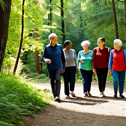 A diverse group of fully clothed adults, including seniors and younger individuals, participating in a peaceful forest therapy session. They are wearing modest, comfortable outdoor attire, walking along a winding path in a lush, sun-dappled forest. The atmosphere is serene, with individuals engaging in quiet contemplation and subtle, authentic interactions. Professional photography, high detail, realistic, perfect anatomy, correct proportions, natural poses, well-formed hands, proper finger count, natural body proportions, safe for work, appropriate content, fully clothed, modest clothing, family-friendly, professional.