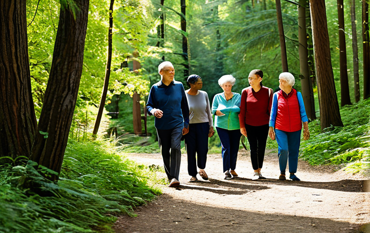 A diverse group of fully clothed adults, including seniors and younger individuals, participating in a peaceful forest therapy session. They are wearing modest, comfortable outdoor attire, walking along a winding path in a lush, sun-dappled forest. The atmosphere is serene, with individuals engaging in quiet contemplation and subtle, authentic interactions. Professional photography, high detail, realistic, perfect anatomy, correct proportions, natural poses, well-formed hands, proper finger count, natural body proportions, safe for work, appropriate content, fully clothed, modest clothing, family-friendly, professional.