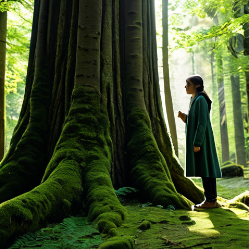 Home 17 A serene adult figure in comfortable, modest outdoor clothing, standing within a dense, ancient forest. Soft, dappled sunlight filters through tall, lush green trees, illuminating patches of rich moss and textured bark on the ground. The atmosphere is quiet and peaceful, emphasizing a deep connection with nature. The person is fully clothed, appropriate attire, safe for work, perfect anatomy, correct proportions, natural pose, well-formed hands, proper finger count, natural body proportions, appropriate content, family-friendly.