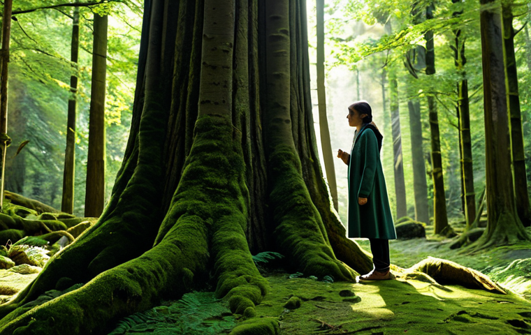 A serene adult figure in comfortable, modest outdoor clothing, standing within a dense, ancient forest. Soft, dappled sunlight filters through tall, lush green trees, illuminating patches of rich moss and textured bark on the ground. The atmosphere is quiet and peaceful, emphasizing a deep connection with nature. The person is fully clothed, appropriate attire, safe for work, perfect anatomy, correct proportions, natural pose, well-formed hands, proper finger count, natural body proportions, appropriate content, family-friendly.