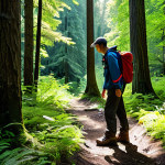 A person in professional, modest outdoor attire, including long sleeves, long pants, and sturdy, waterproof hiking boots, standing on a well-maintained forest path. They are gently adjusting a lightweight, small backpack, which hints at containing a first-aid kit and water. The surrounding forest is lush and serene, with tall, green trees and dappled sunlight filtering through the canopy. The scene emphasizes preparedness and connection with nature, showcasing perfect anatomy and correct proportions, with well-formed hands and natural body proportions. The overall impression is calm and ready for a safe, appropriate content, fully clothed, family-friendly forest bathing experience. Professional photography, high quality.