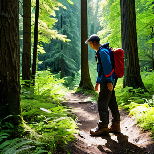 Home 8 A person in professional, modest outdoor attire, including long sleeves, long pants, and sturdy, waterproof hiking boots, standing on a well-maintained forest path. They are gently adjusting a lightweight, small backpack, which hints at containing a first-aid kit and water. The surrounding forest is lush and serene, with tall, green trees and dappled sunlight filtering through the canopy. The scene emphasizes preparedness and connection with nature, showcasing perfect anatomy and correct proportions, with well-formed hands and natural body proportions. The overall impression is calm and ready for a safe, appropriate content, fully clothed, family-friendly forest bathing experience. Professional photography, high quality.