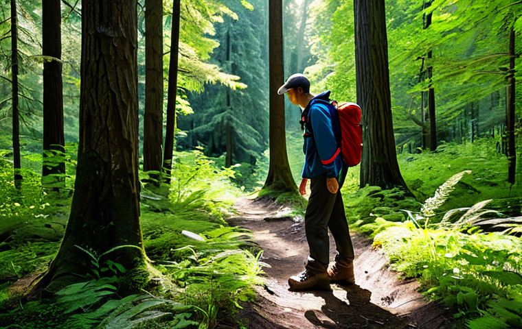 A person in professional, modest outdoor attire, including long sleeves, long pants, and sturdy, waterproof hiking boots, standing on a well-maintained forest path. They are gently adjusting a lightweight, small backpack, which hints at containing a first-aid kit and water. The surrounding forest is lush and serene, with tall, green trees and dappled sunlight filtering through the canopy. The scene emphasizes preparedness and connection with nature, showcasing perfect anatomy and correct proportions, with well-formed hands and natural body proportions. The overall impression is calm and ready for a safe, appropriate content, fully clothed, family-friendly forest bathing experience. Professional photography, high quality.