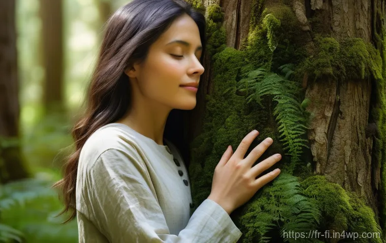 숲 테라피 관련 도서 추천 - **Prompt 1: Serene Forest Bathing for Inner Peace**
    "A peaceful adult woman, dressed in comforta...