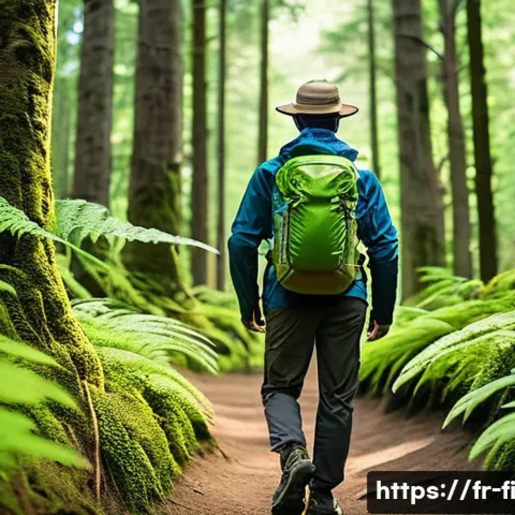 숲 테라피를 위한 준비물 리스트 - A serene forest scene featuring a person dressed in breathable technical clothing suitable for sylvo...