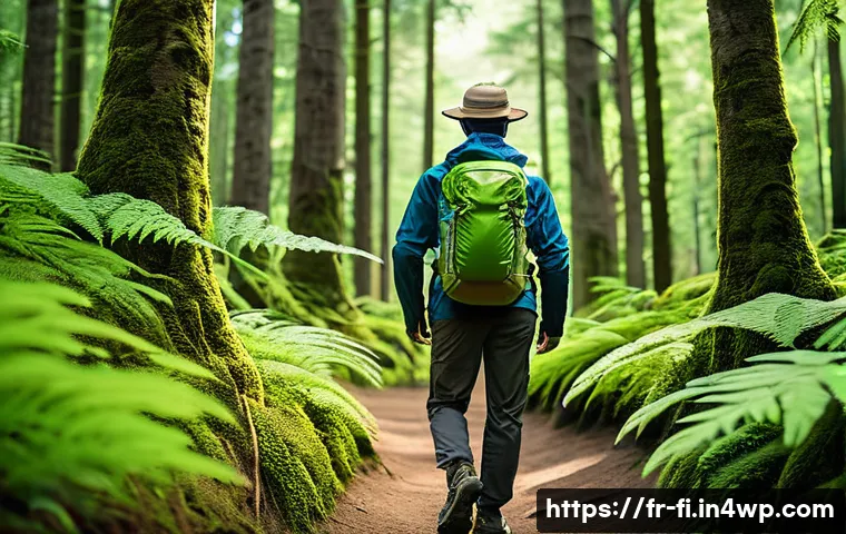 숲 테라피를 위한 준비물 리스트 - A serene forest scene featuring a person dressed in breathable technical clothing suitable for sylvo...