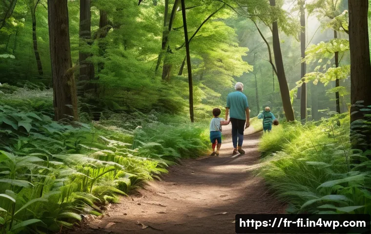 숲 테라피와 보행의 중요성 - A serene forest path bathed in soft afternoon light filtering through lush green leaves, featuring a...