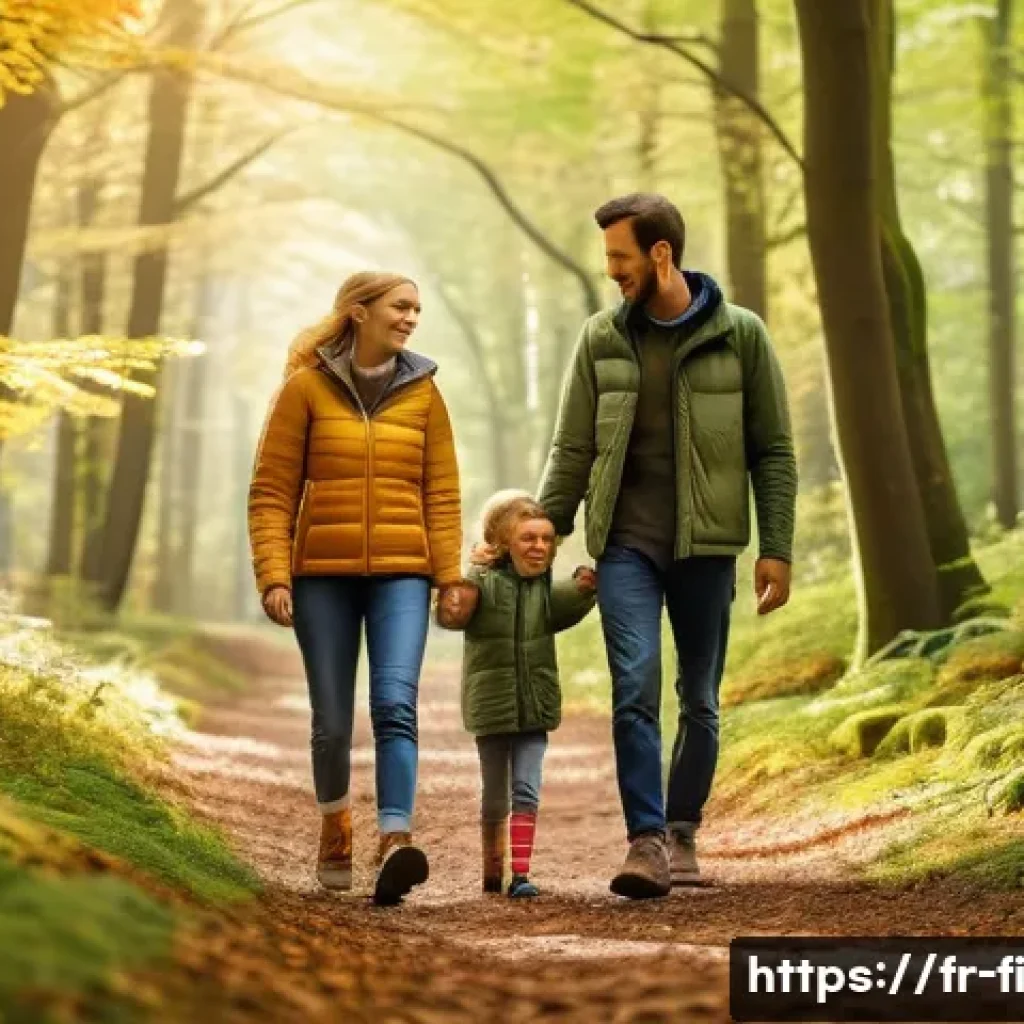 숲 테라피와 가족 관계 개선 - A serene family scene in a lush European forest during early autumn: parents and two children wearin...