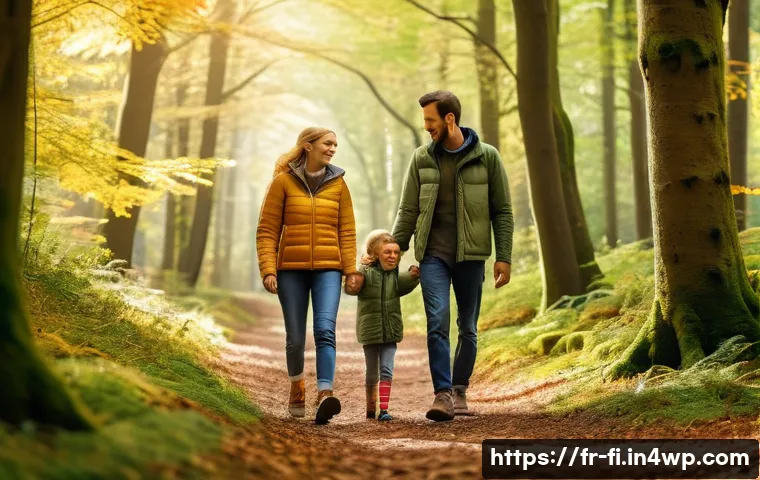 숲 테라피와 가족 관계 개선 - A serene family scene in a lush European forest during early autumn: parents and two children wearin...