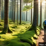 Home 18 숲 테라피와 감정적 회복 - A serene forest scene bathed in soft morning light filtering through tall, dense pine trees, with a ...