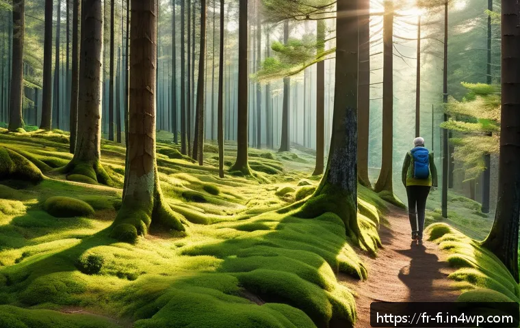 숲 테라피와 감정적 회복 - A serene forest scene bathed in soft morning light filtering through tall, dense pine trees, with a ...