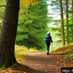 Home 22 숲 테라피의 꿈과 비전 설정 - A serene forest scene in early autumn, featuring a middle-aged French woman walking mindfully along ...