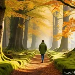 Home 23 숲 테라피의 실천 방법 비교 - A serene forest scene in early autumn with a barefoot person slowly walking on soft green moss, eyes...