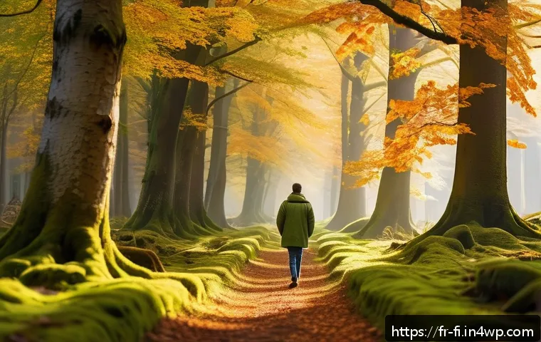 숲 테라피의 실천 방법 비교 - A serene forest scene in early autumn with a barefoot person slowly walking on soft green moss, eyes...
