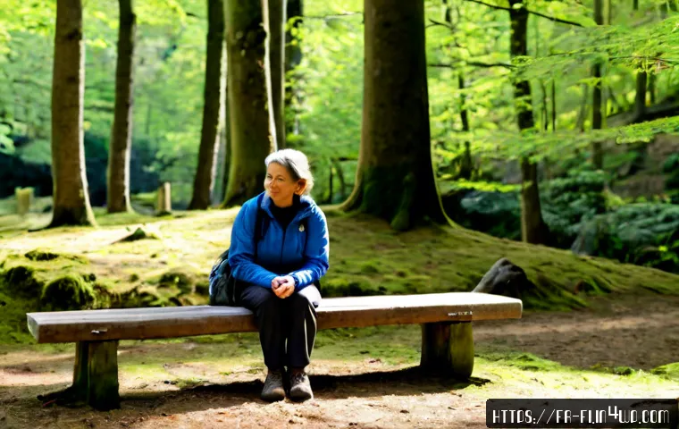 Home 15 숲 테라피와 자연의 소리 경험하기 - Photorealistic forest therapy scene in a tranquil French beech woodland, a relaxed middle-aged woman...